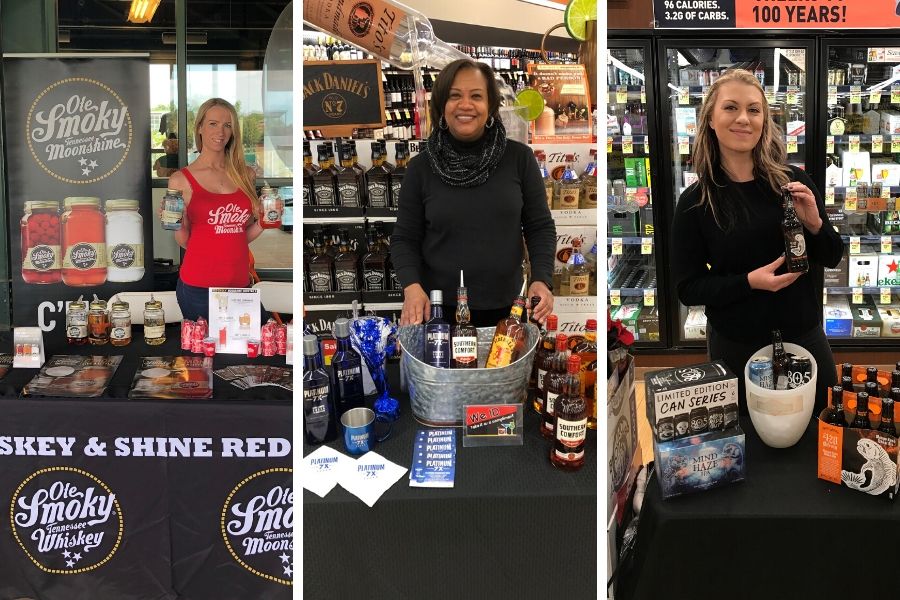 Spokesmodels or brand ambassadors for off-premise liquor store tastings and sampling events usually wear all-black clothing and a branded t-shirt.