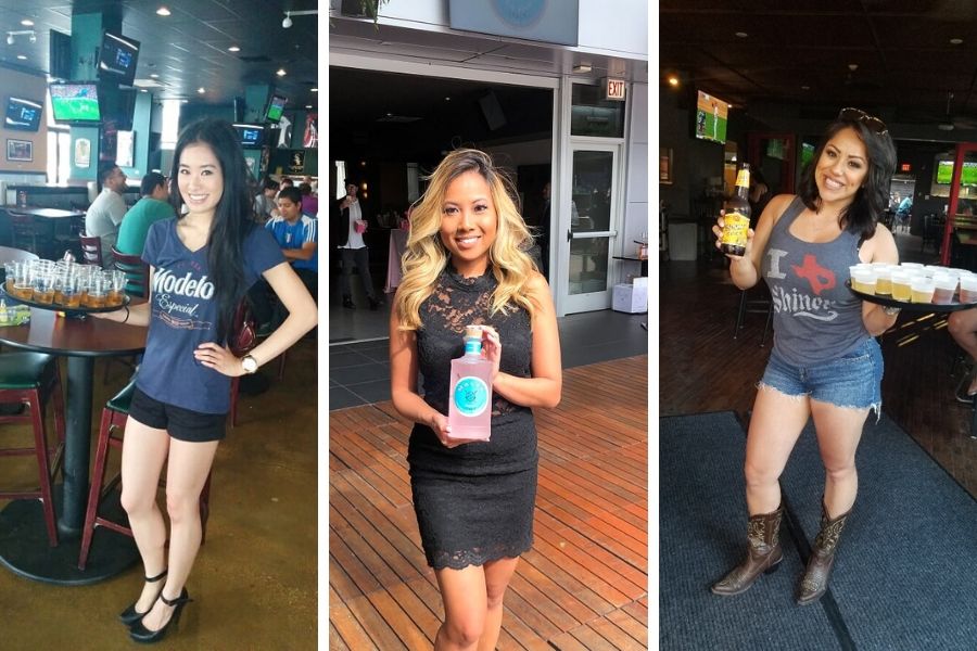 Spokesmodels or brand ambassadors for on-premise promotions and sampling events usually supply their own dress or bottoms, and wear a branded shirt.